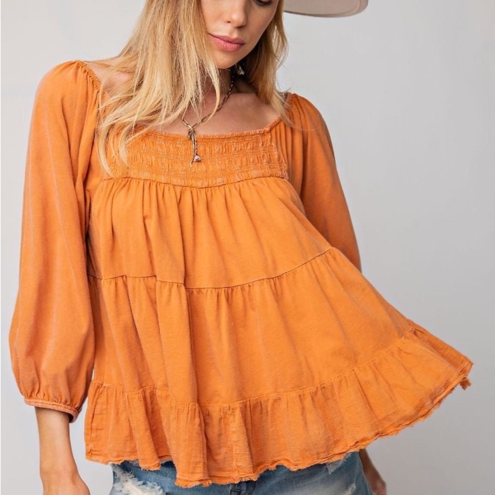 Women's Orange Smocked Peasant Top